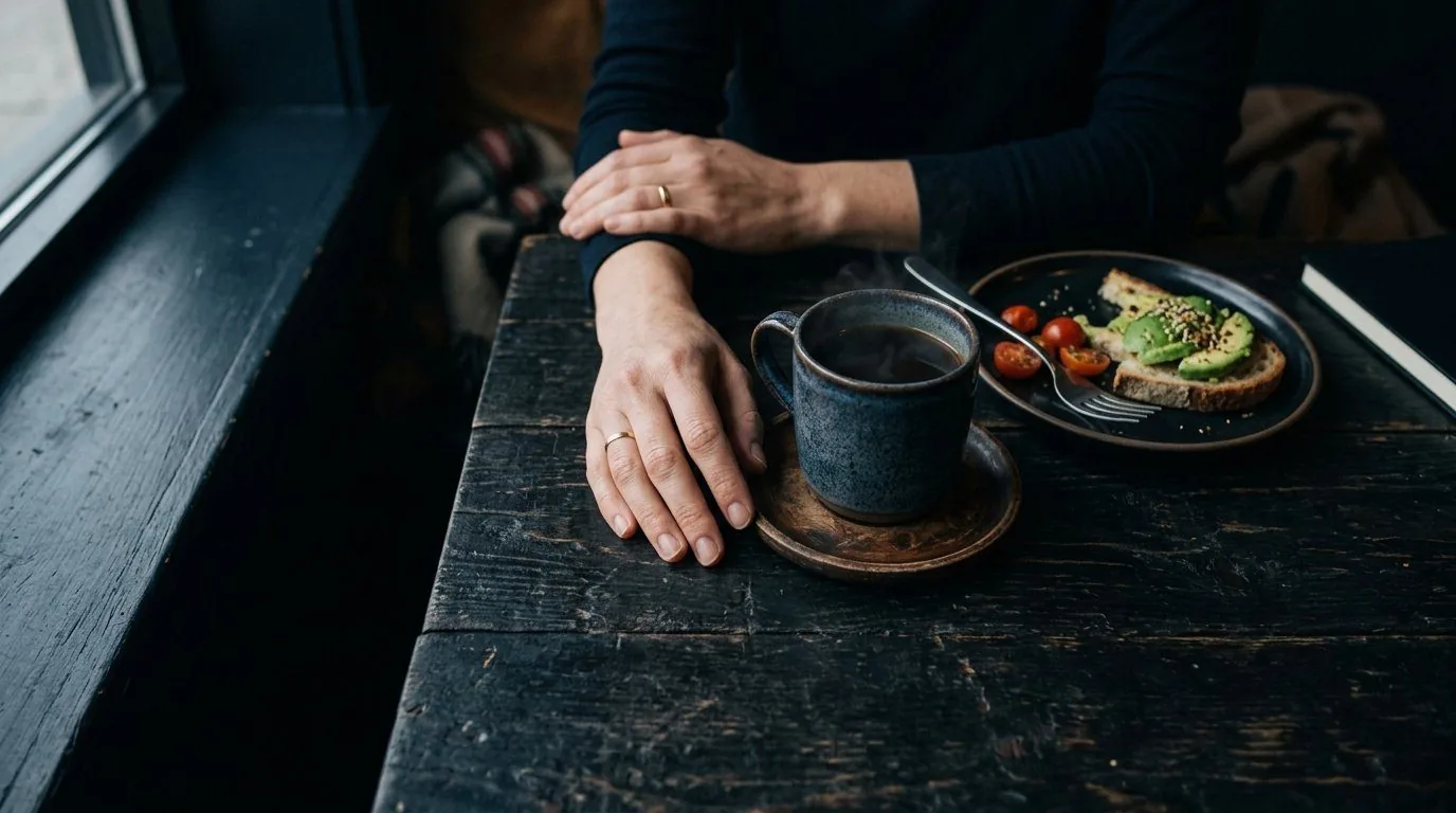 Hands resting beside a coffee and breakfast at a dark table